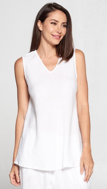 Match Point Lightweight Linen Sleeveless Bias-Cut Vneck Top
