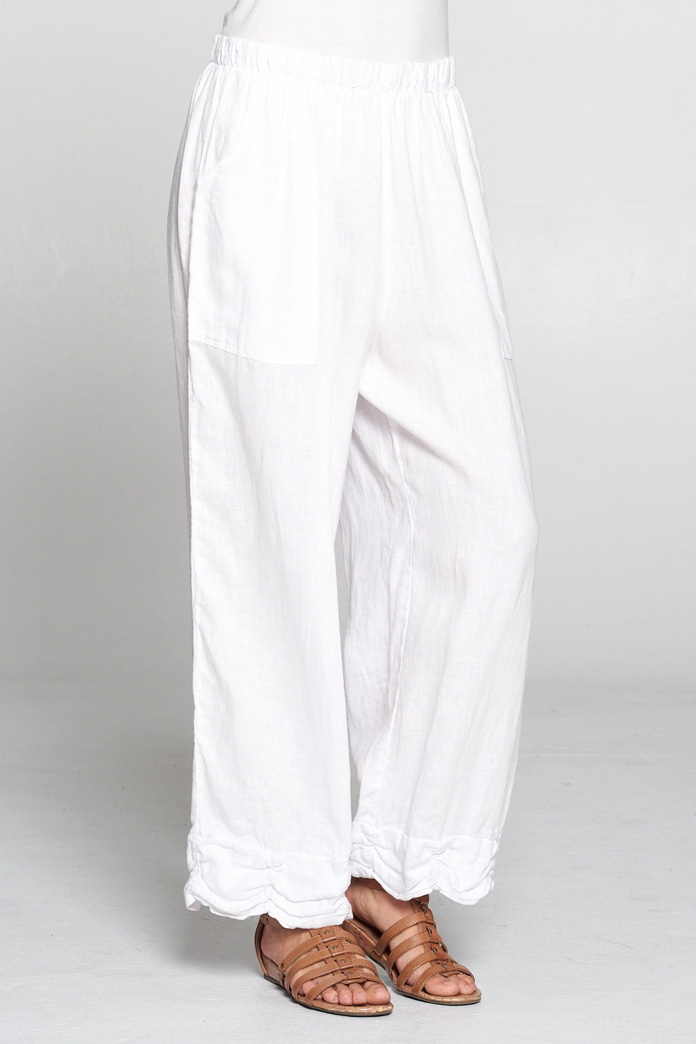 La Fixsun Linen Ruched Hem Pants FBP22 in white and silver (light