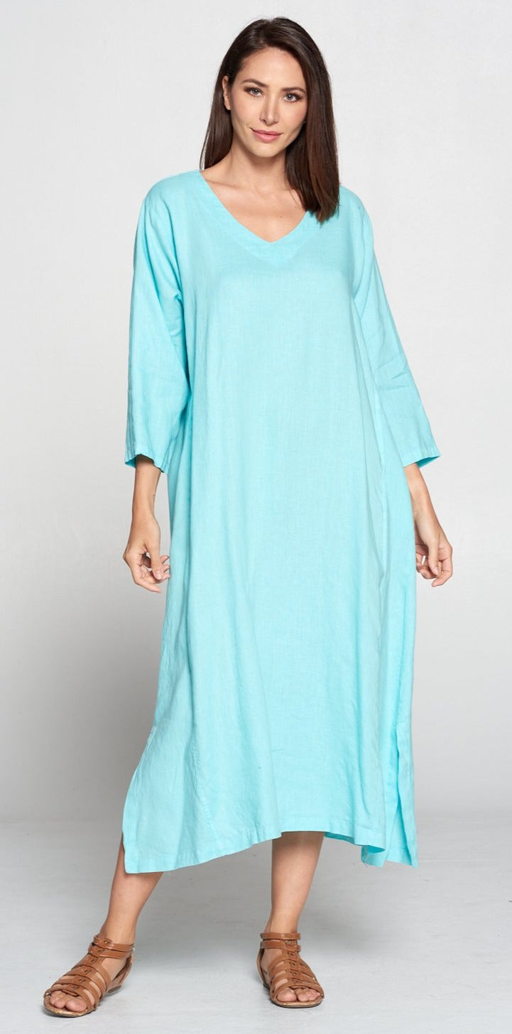 La Fixsun Linen Vneck 3/4 sleeve Long A-line Dress FBD120 - Lori's Lovelies