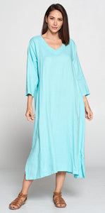 La Fixsun Linen Vneck 3/4 sleeve Long A-line Dress FBD120 - Lori's Lovelies