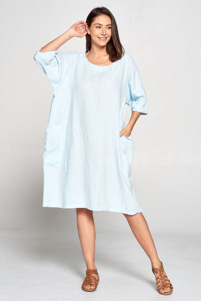 La Fixsun Linen Dress or Tunic with Large Side Pockets  Black, Denim, Charcoal, Ice Blue FBD861 - Lori's Lovelies