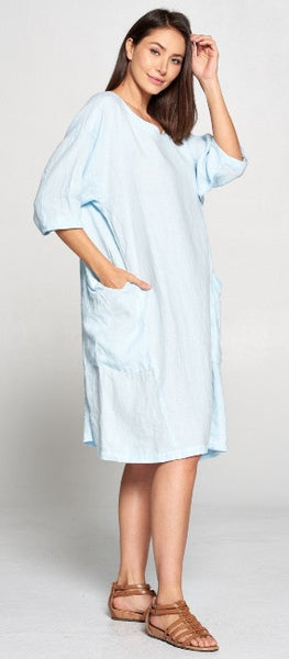 La Fixsun Linen Dress or Tunic with Large Side Pockets  Black, Denim, Charcoal, Ice Blue FBD861 - Lori's Lovelies