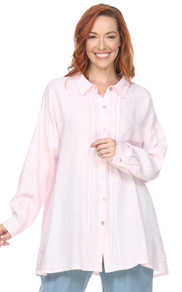 La Fixsun Linen Button Down Boyfriend Tunic with Pintucks in Pink and White FBT996 - Lori's Lovelies