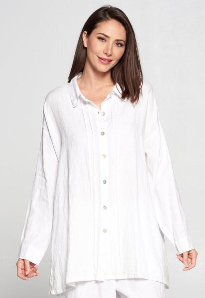 La Fixsun Linen Button Down Boyfriend Tunic with Pintucks - FBT996 - Pink White Denim - Lori's Lovelies