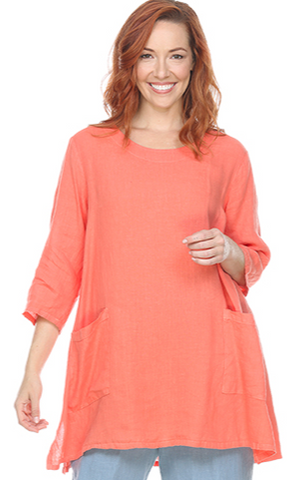 Match Point Linen Round Neck Tunic with Front Pockets HLT586 - Quartz Pink in stock, Coral arriving soon - Lori's Lovelies