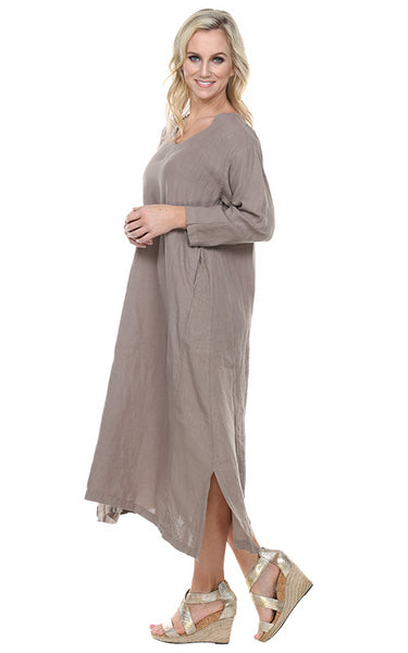 La Fixsun Linen Vneck 3/4 sleeve Long A-line Dress FBD120 - Lori's Lovelies
