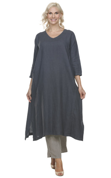 La Fixsun Linen Vneck 3/4 sleeve Long A-line Dress FBD120 - Lori's Lovelies
