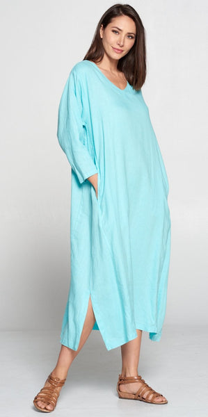 La Fixsun Linen Vneck 3/4 sleeve Long A-line Dress FBD120 - Lori's Lovelies