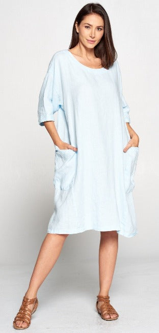 La Fixsun Linen Dress or Tunic with Large Side Pockets  Black, Denim, Charcoal, Ice Blue FBD861 - Lori's Lovelies