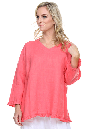 La Fixsun Linen V Neck Top with Ruffles at Wrist and Hem FBT411 in Pink Grapefruit and White - Lori's Lovelies