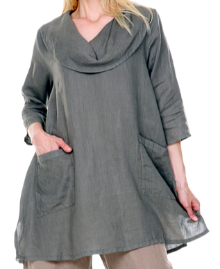 La Fixsun Linen Cowl Neck Tunic with Front Pockets - Black  FBT482 - Lori's Lovelies