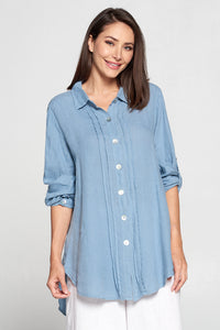 Match Point Linen Button Down Collared Tunic with Pleats  HLT550 in Light Chambray - Lori's Lovelies