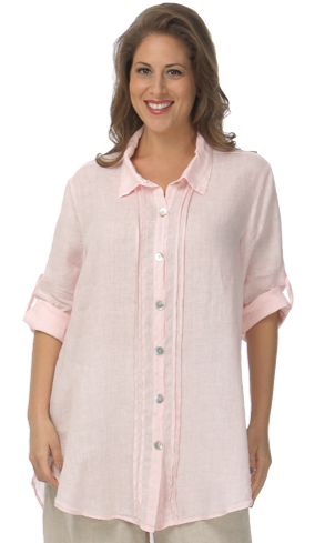 Match Point Linen Button Down Collared Tunic with Pleats in Pink Light Chambray and Charcoal HLT550 - Lori's Lovelies